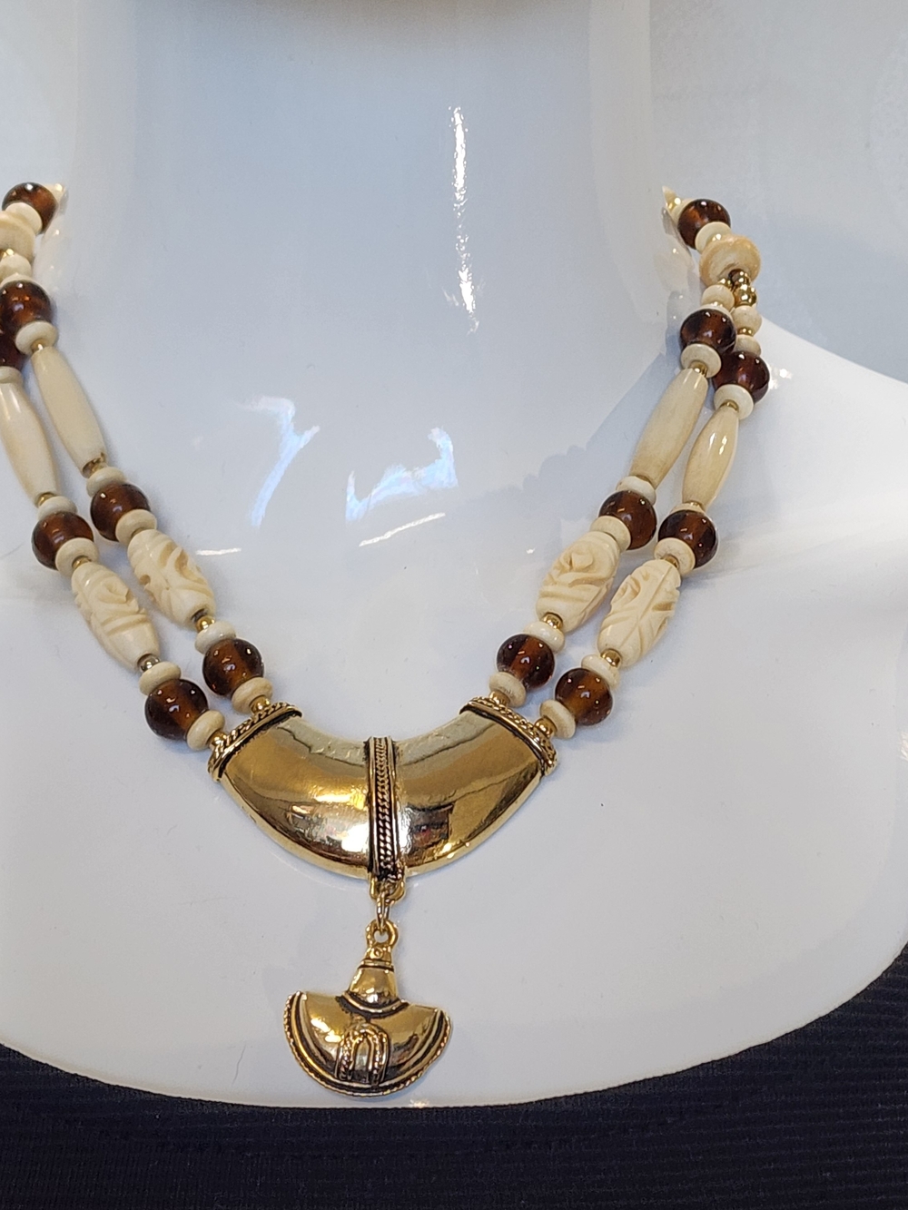 Boho Tribal Inspired Double Strand Necklace Carved Cream Beads Gold Tone Pendant